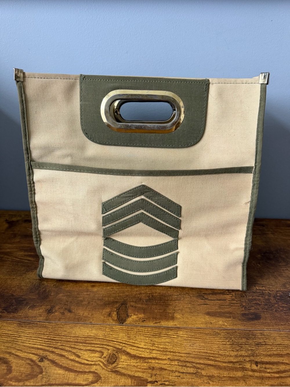 Canvas Tote Bag Military Utility Chevron Metal Handles Olive Green Vintage
